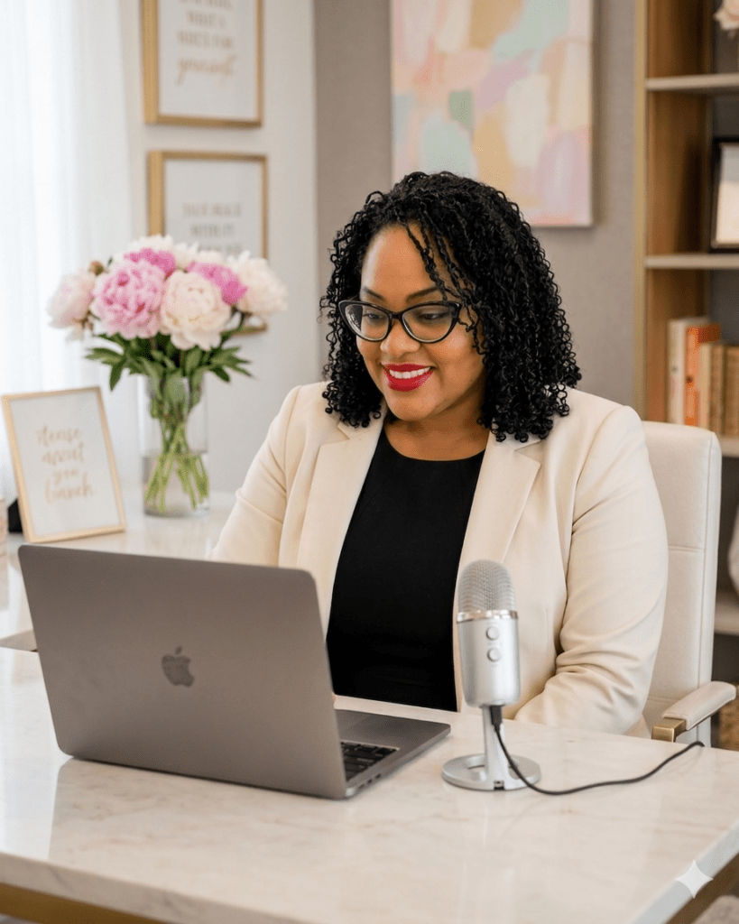 Quiana talking into microphone